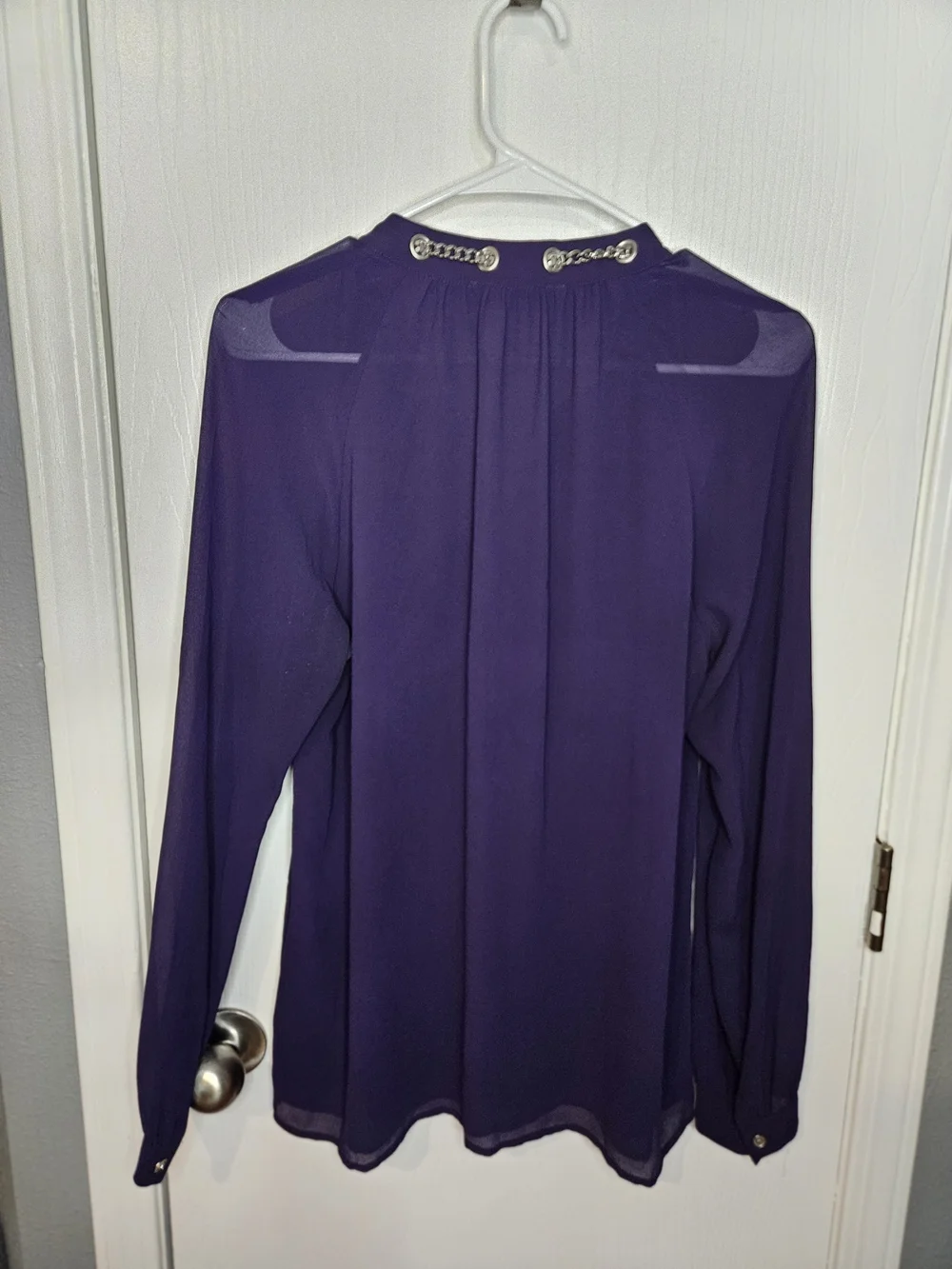 Michael Kors Purple V-Neck Long Sleeve Blouse with Chain Drawstring